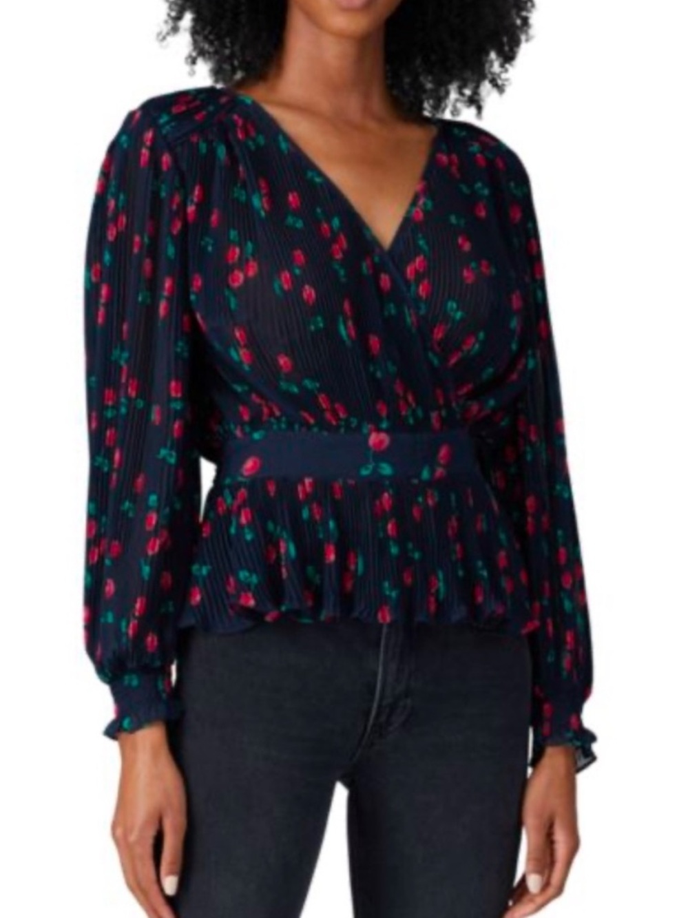 NWOT The Kooples Cherry Print Pleated Crepe Top in Black and Red size 1/XSmall